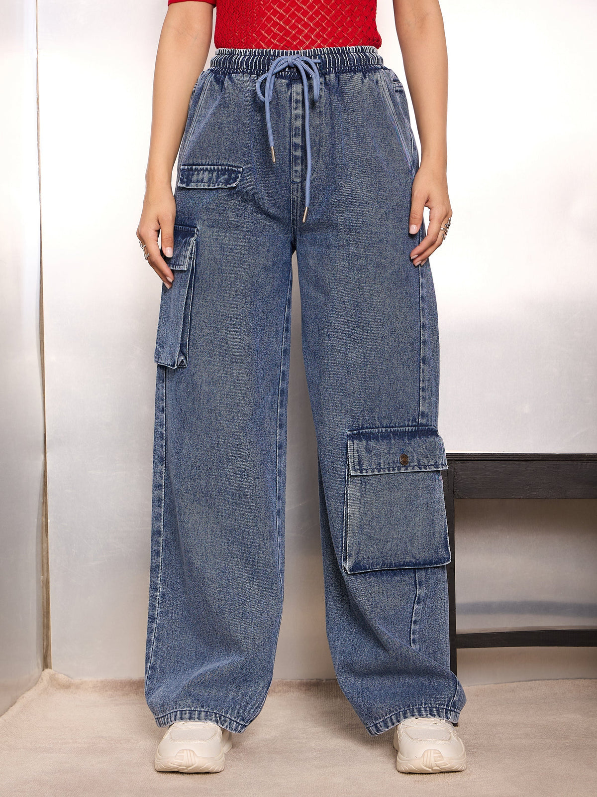 Women Blue Washed High Rise Drawstring Jeans-SFJEAN0782