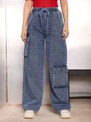 Women Blue Washed High Rise Drawstring Jeans-SFJEAN0782