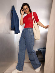 Women Blue Washed High Rise Drawstring Jeans-SFJEAN0782