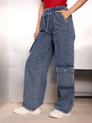 Women Blue Washed High Rise Drawstring Jeans-SFJEAN0782