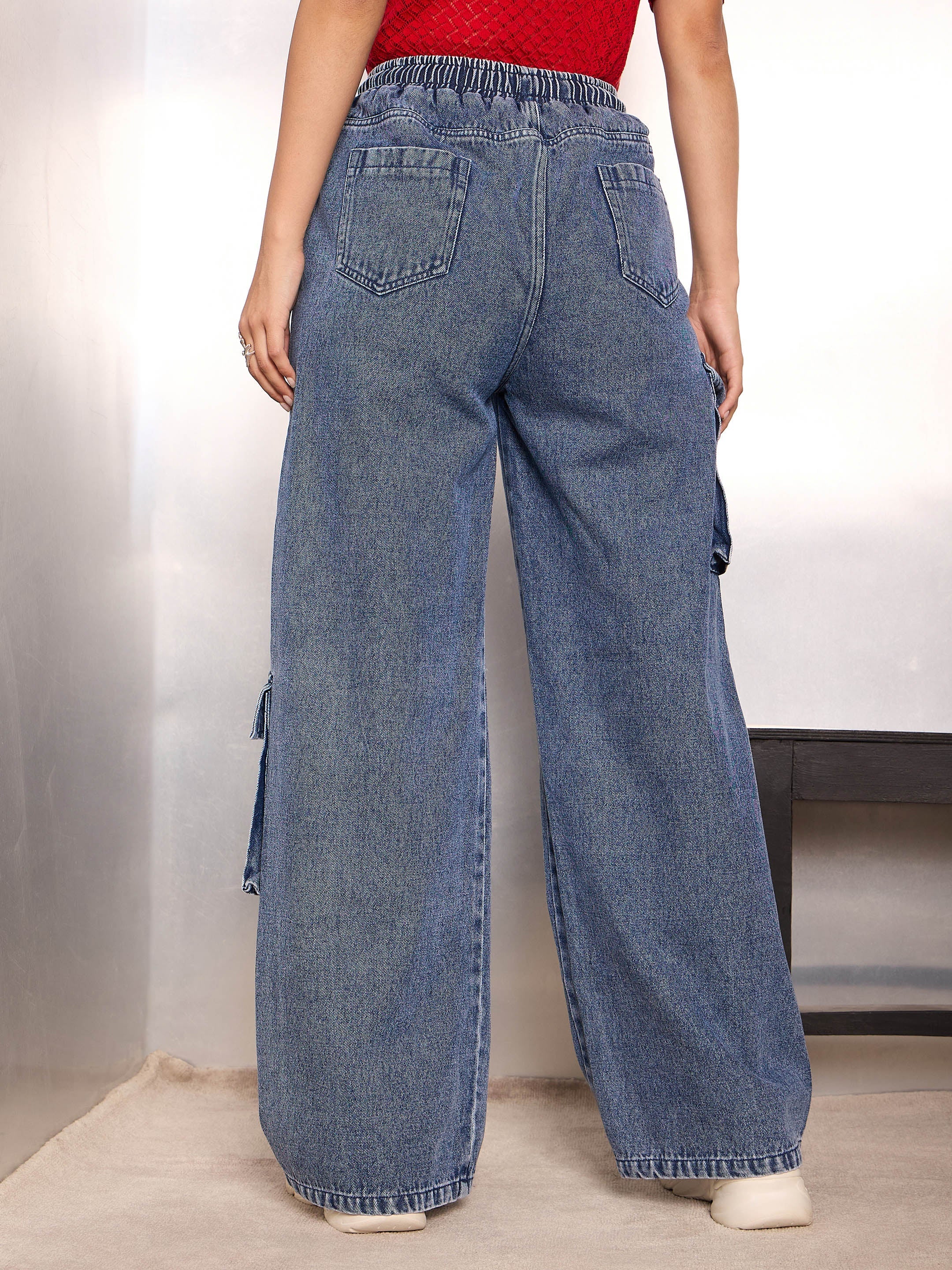 Women Blue Washed High Rise Drawstring Jeans-SFJEAN0782