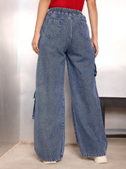 Women Blue Washed High Rise Drawstring Jeans-SFJEAN0782