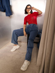 Women Blue Washed High Rise Drawstring Jeans-SFJEAN0782