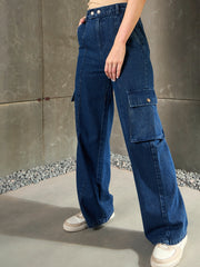 Women Navy Blue Double Button Closure Cargo Jeans-SFJEAN0783