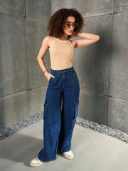 Women Navy Blue Double Button Closure Cargo Jeans-SFJEAN0783