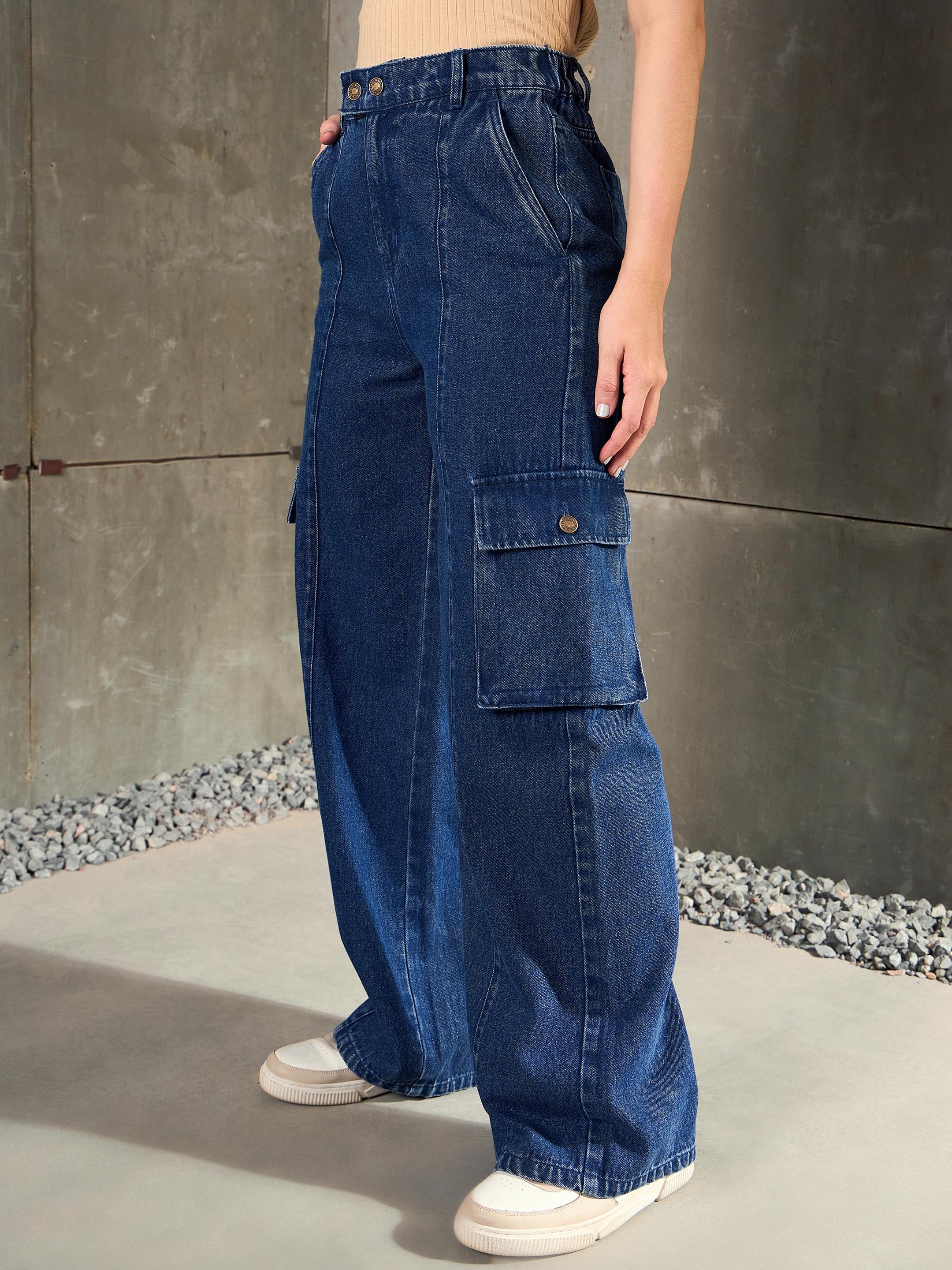 Women Navy Blue Double Button Closure Cargo Jeans-SFJEAN0783