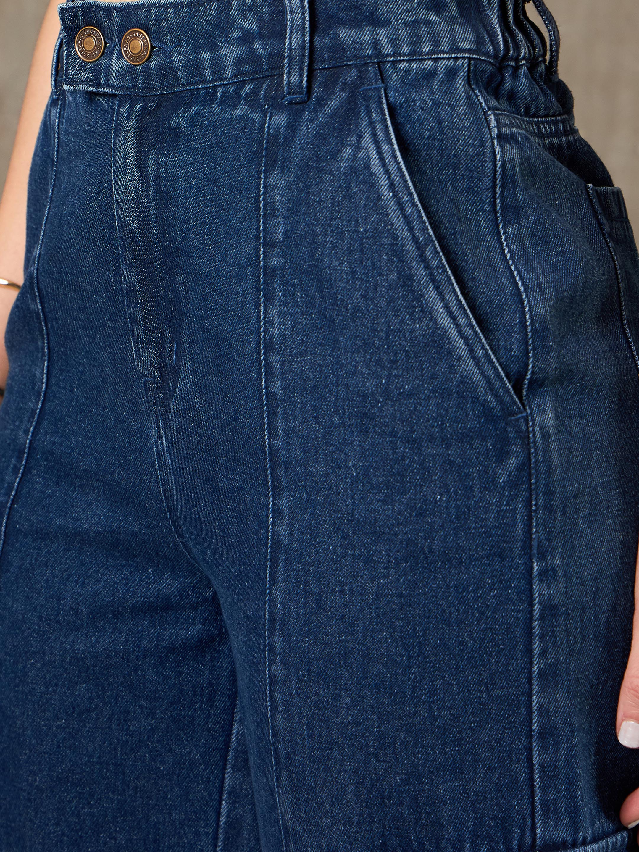 Women Navy Blue Double Button Closure Cargo Jeans-SFJEAN0783