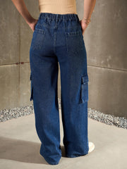 Women Navy Blue Double Button Closure Cargo Jeans-SFJEAN0783