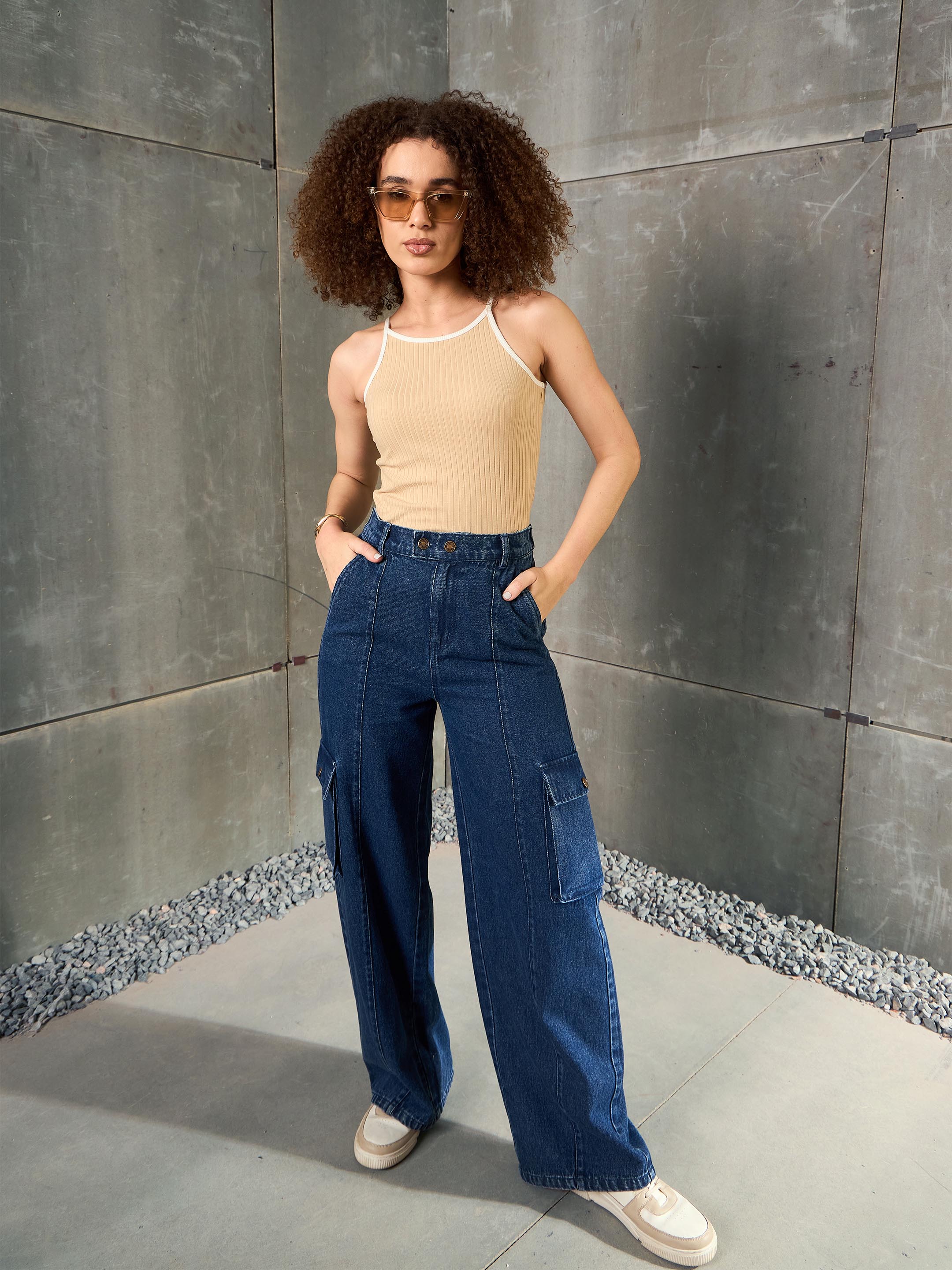 Women Navy Blue Double Button Closure Cargo Jeans-SFJEAN0783