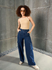 Women Navy Blue Double Button Closure Cargo Jeans-SFJEAN0783