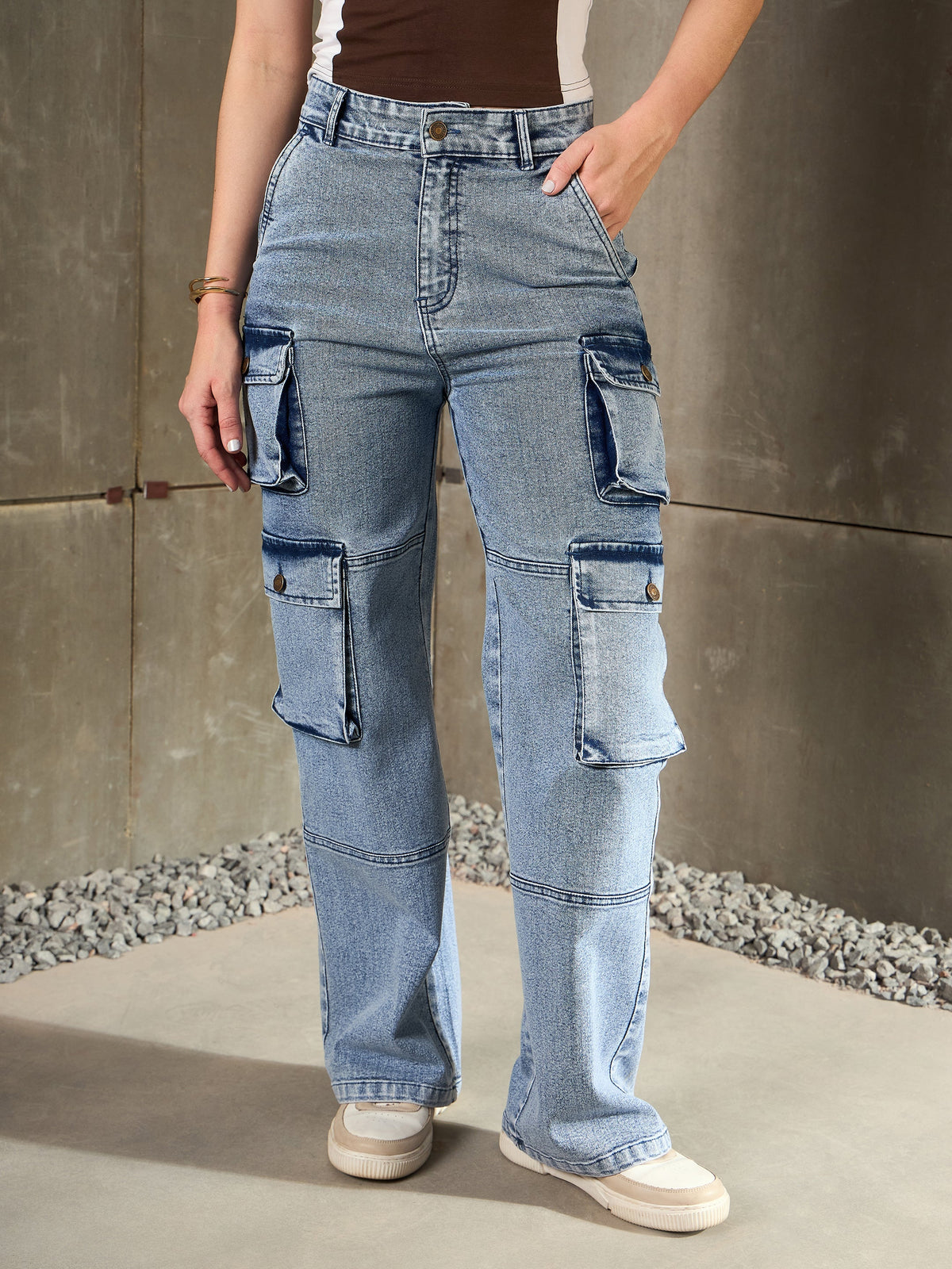 Women Blue Cargo Pockets Jeans-SFJEAN0784