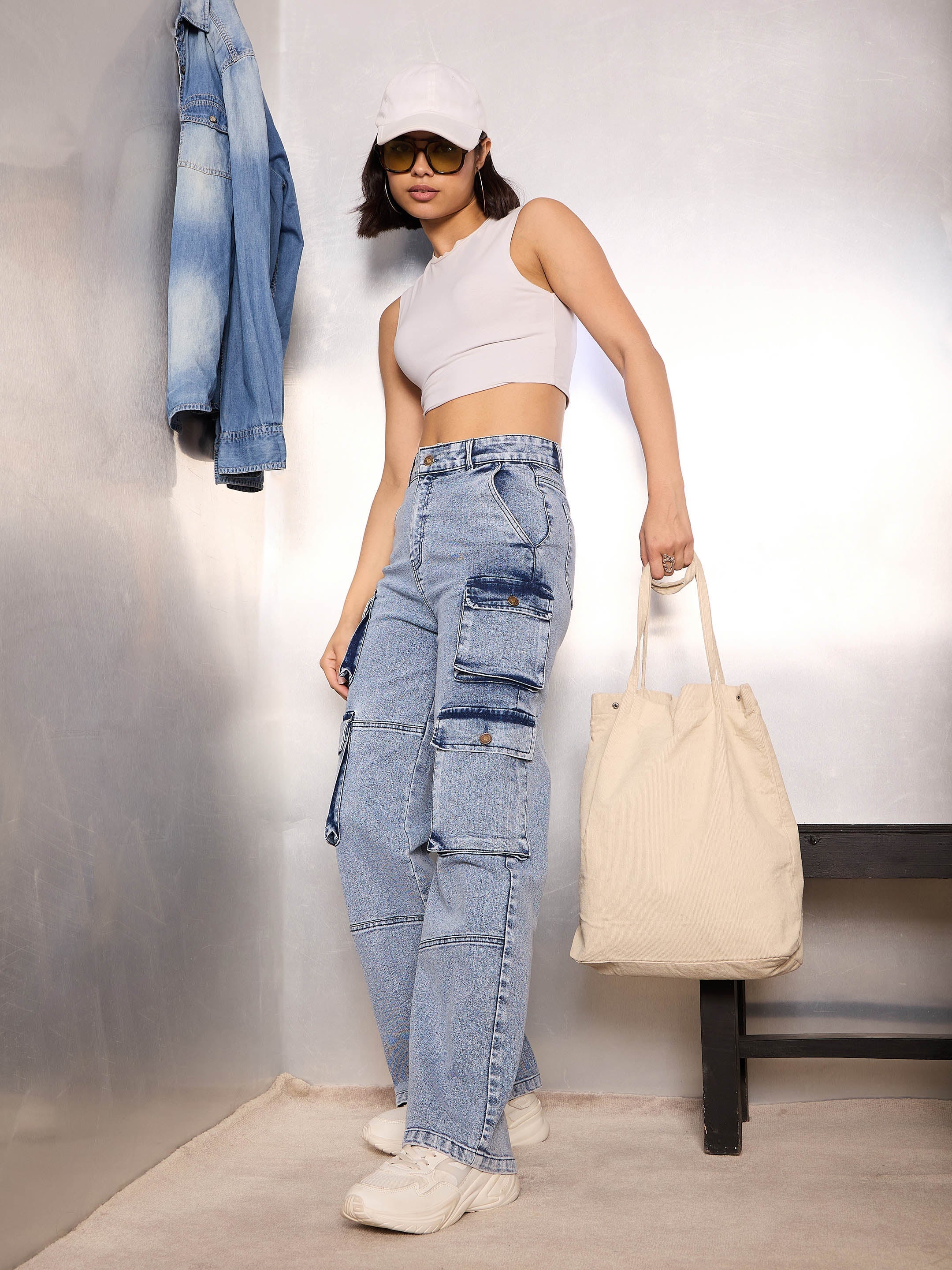 Women Blue Cargo Pockets Jeans-SFJEAN0784
