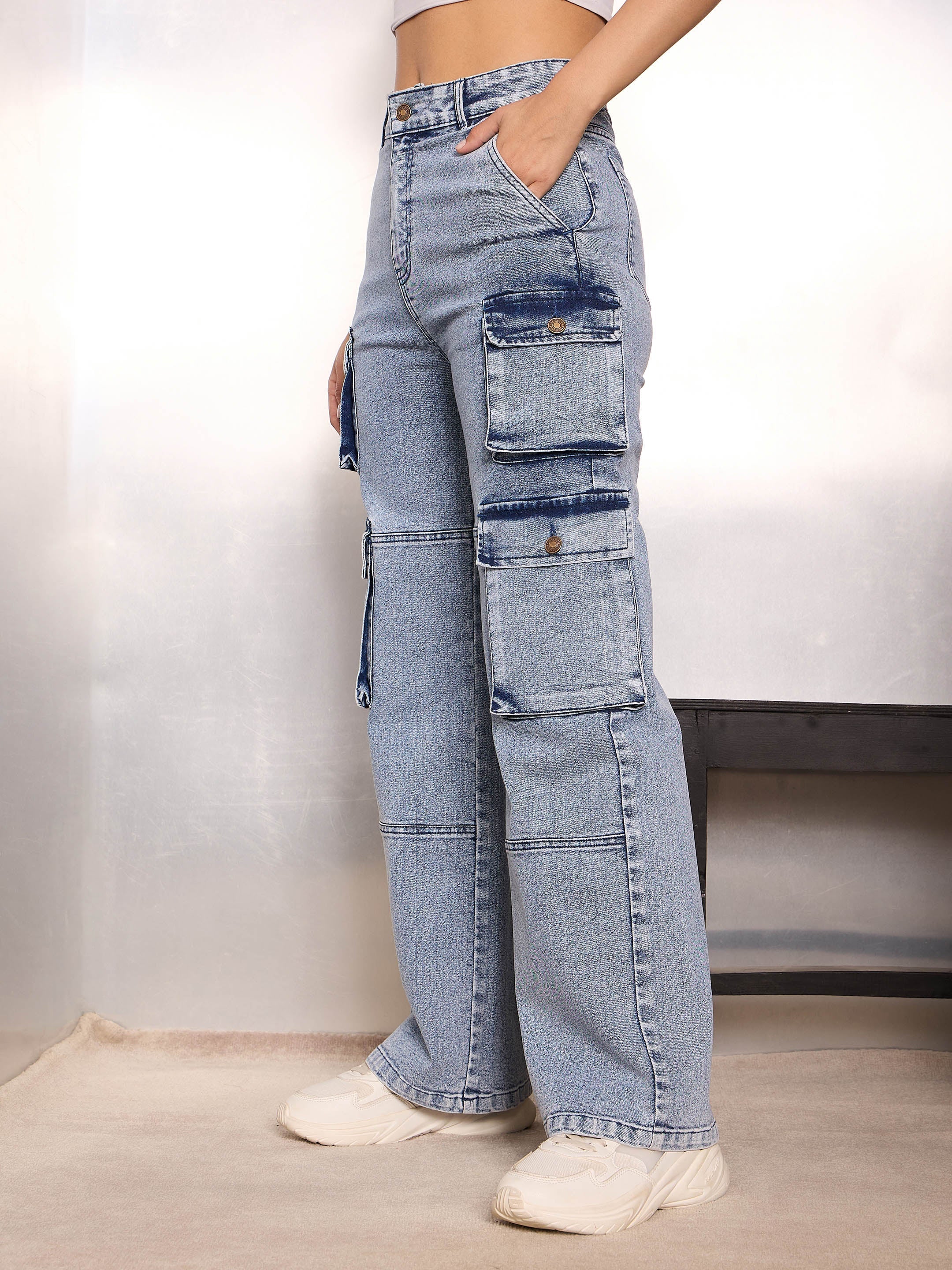 Women Blue Cargo Pockets Jeans-SFJEAN0784