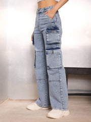 Women Blue Cargo Pockets Jeans-SFJEAN0784