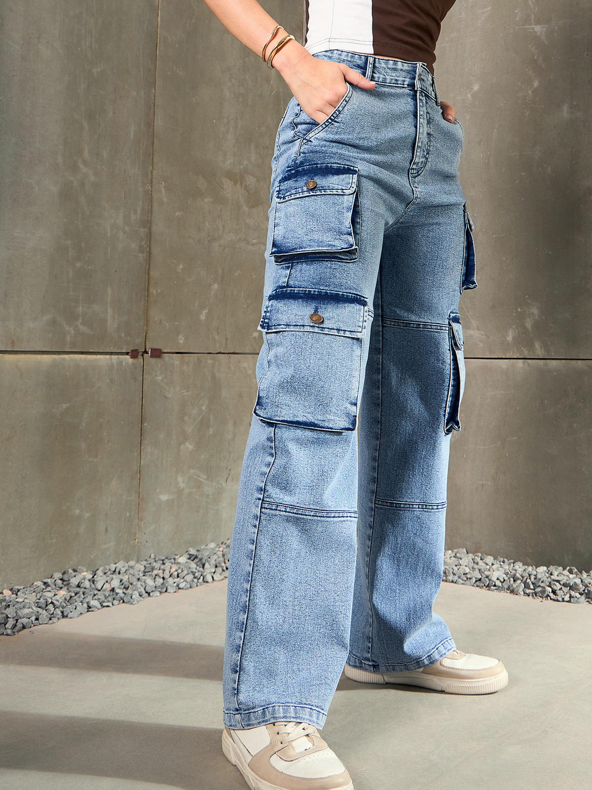 Women Blue Cargo Pockets Jeans-SFJEAN0784-Blue