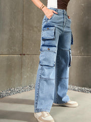 Women Blue Cargo Pockets Jeans-SFJEAN0784-Blue
