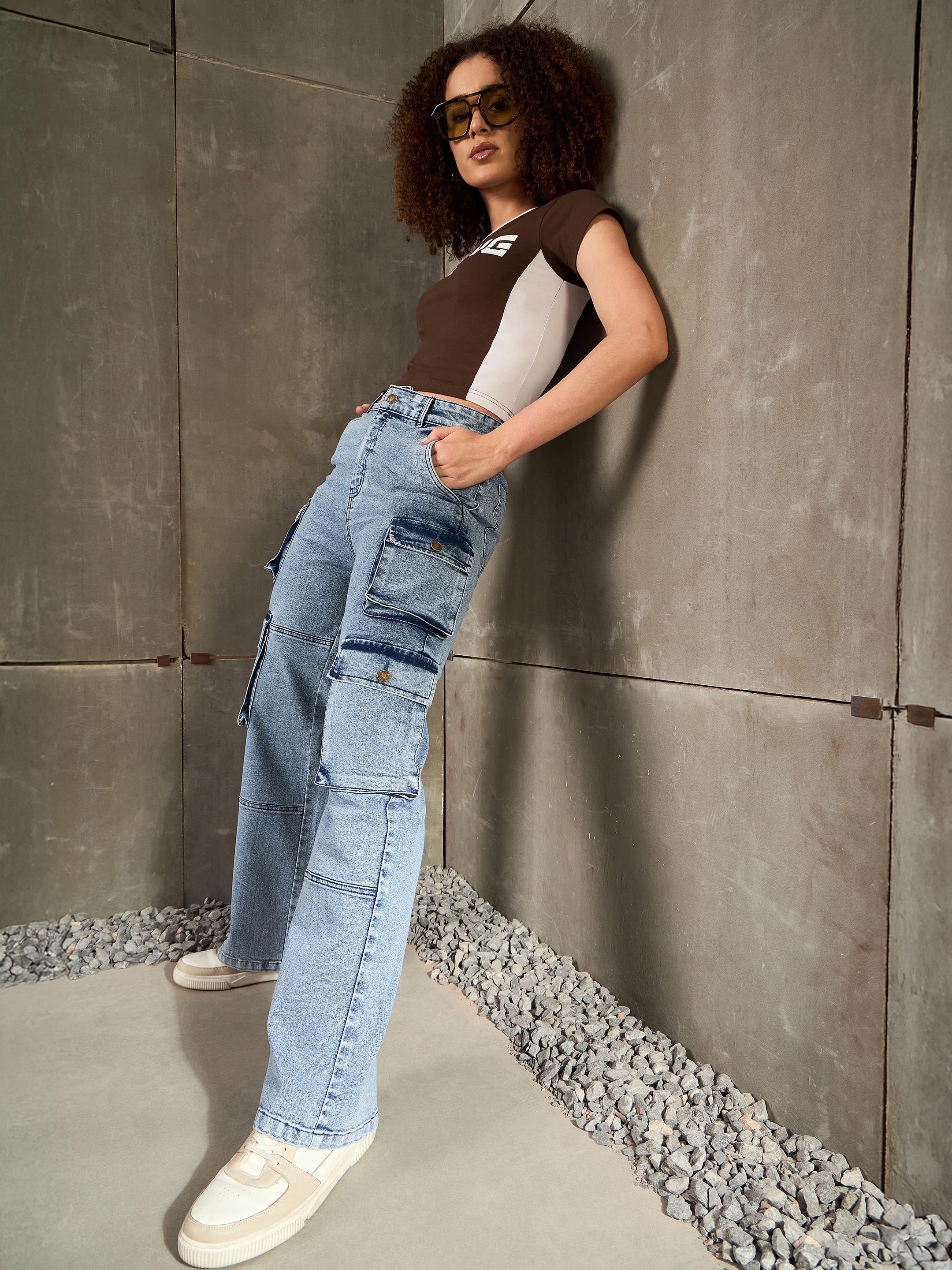 Women Blue Cargo Pockets Jeans-SFJEAN0784-Blue