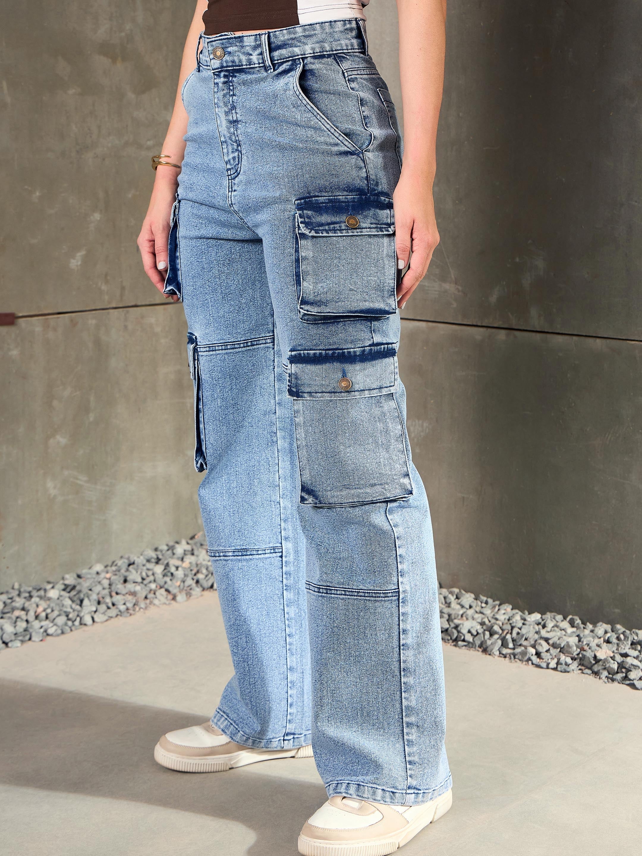 Women Blue Cargo Pockets Jeans-SFJEAN0784-Blue