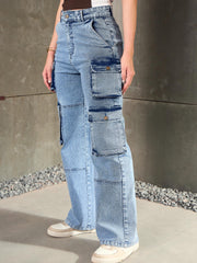 Women Blue Cargo Pockets Jeans-SFJEAN0784-Blue