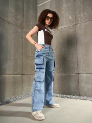 Women Blue Cargo Pockets Jeans-SFJEAN0784-Blue