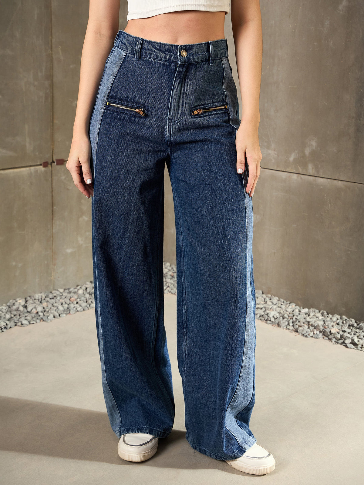 Women Navy Blue ColorBlock Zipper Detail Wide Leg Jeans-SFJEAN0785