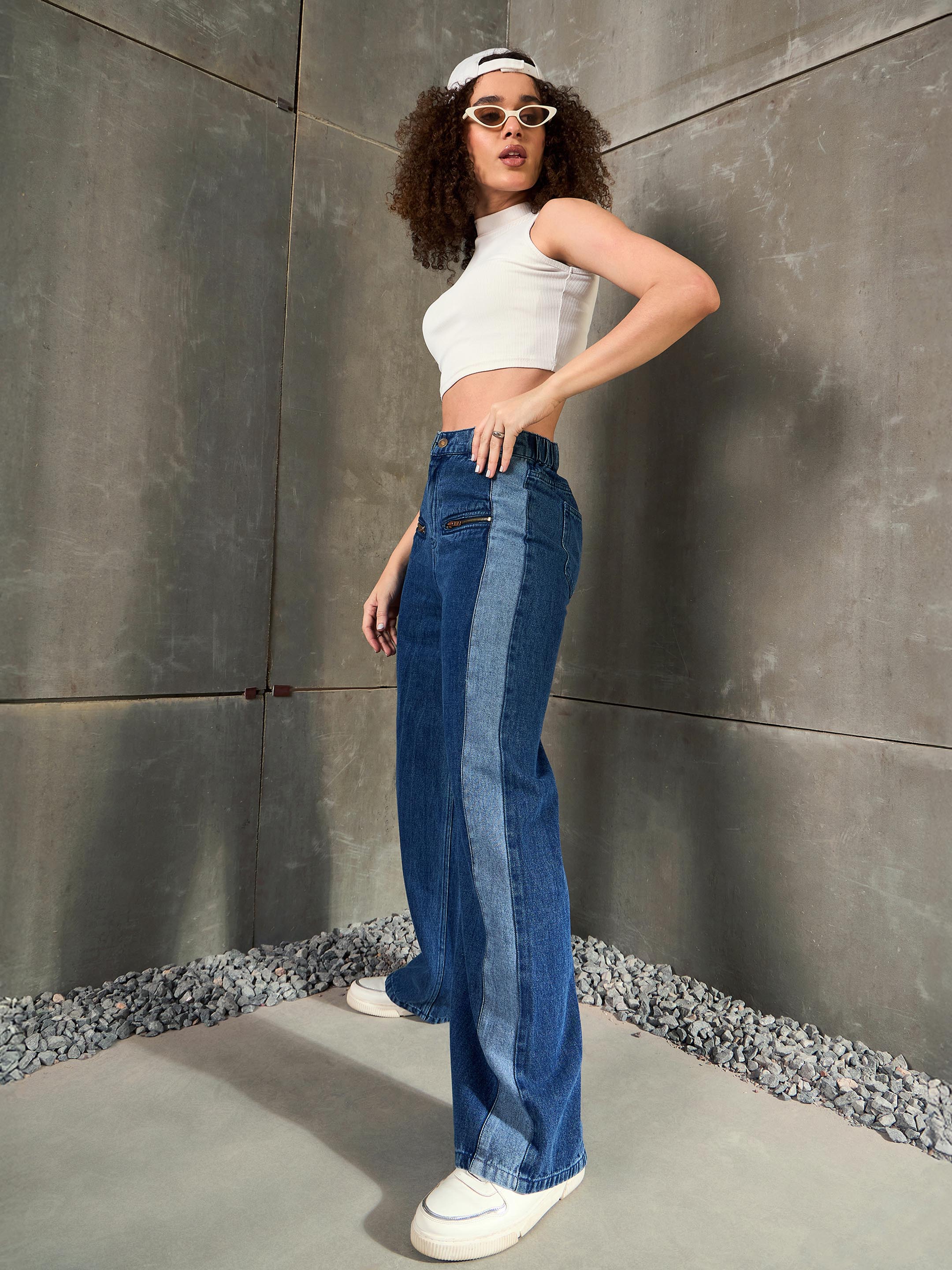 Women Navy Blue ColorBlock Zipper Detail Wide Leg Jeans-SFJEAN0785