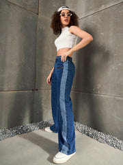 Women Navy Blue ColorBlock Zipper Detail Wide Leg Jeans-SFJEAN0785