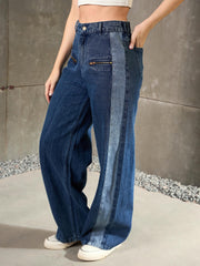 Women Navy Blue ColorBlock Zipper Detail Wide Leg Jeans-SFJEAN0785