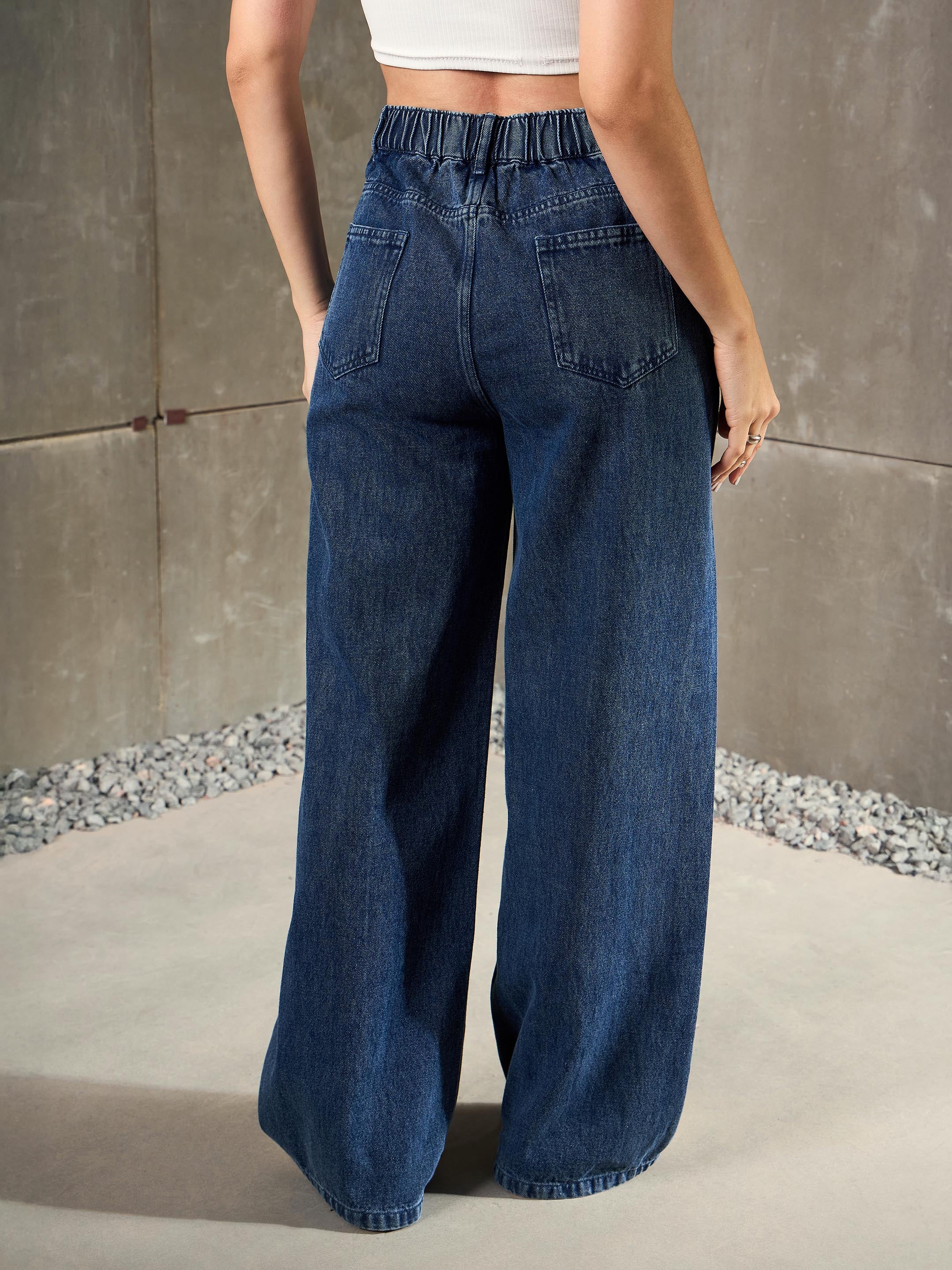 Women Navy Blue ColorBlock Zipper Detail Wide Leg Jeans-SFJEAN0785