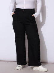 Women Black Side Pockets Straight Cargo Jeans-SFJEAN0788