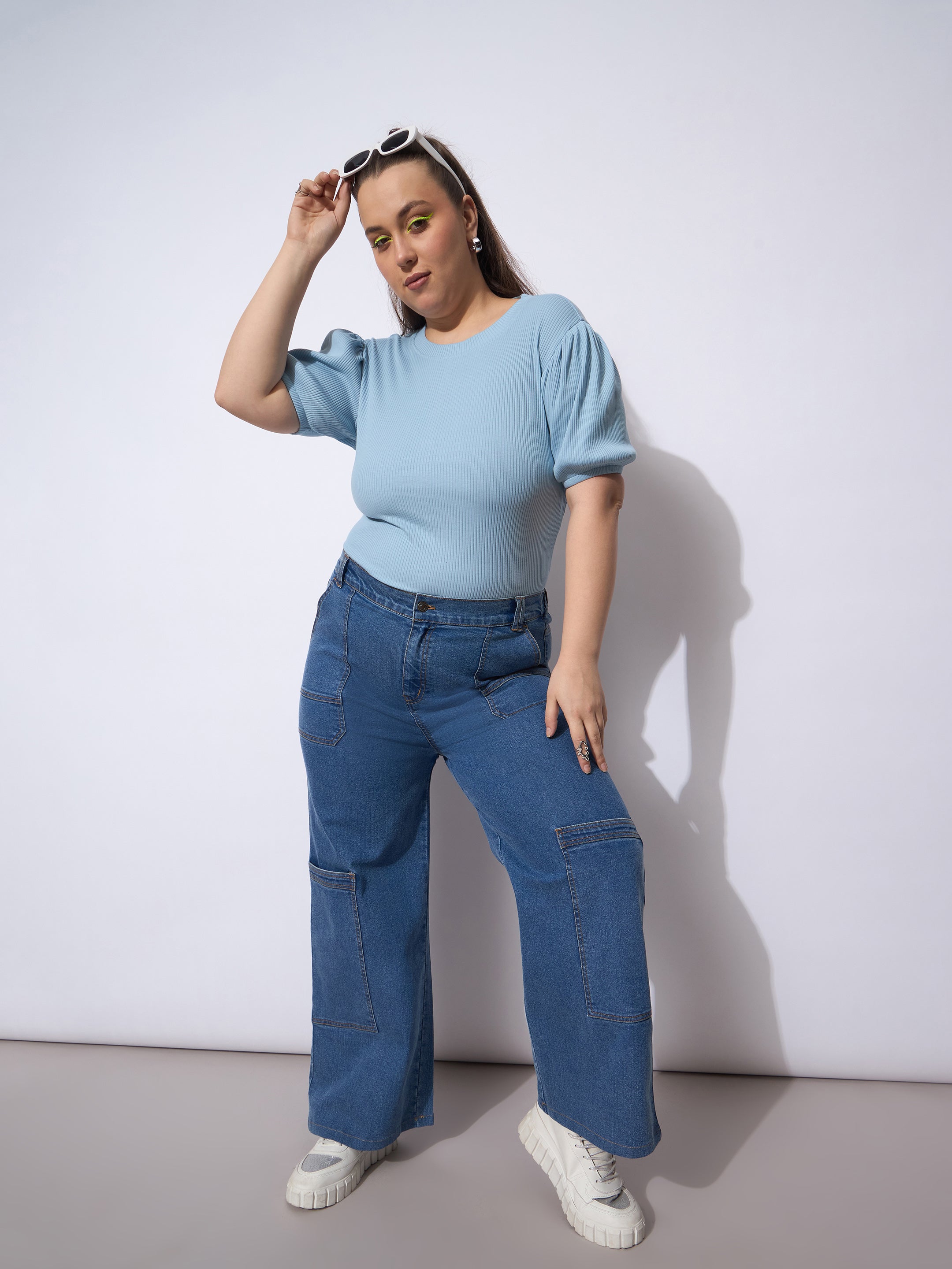 Women Blue Wash Side Pockets Straight Cargo Jeans-SFJEAN0789