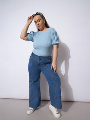 Women Blue Wash Side Pockets Straight Cargo Jeans-SFJEAN0789