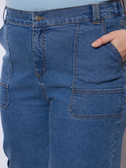 Women Blue Wash Side Pockets Straight Cargo Jeans-SFJEAN0789