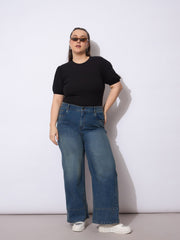 Women Navy Wash Hem Seam Straight Fit Jeans-SFJEAN0790