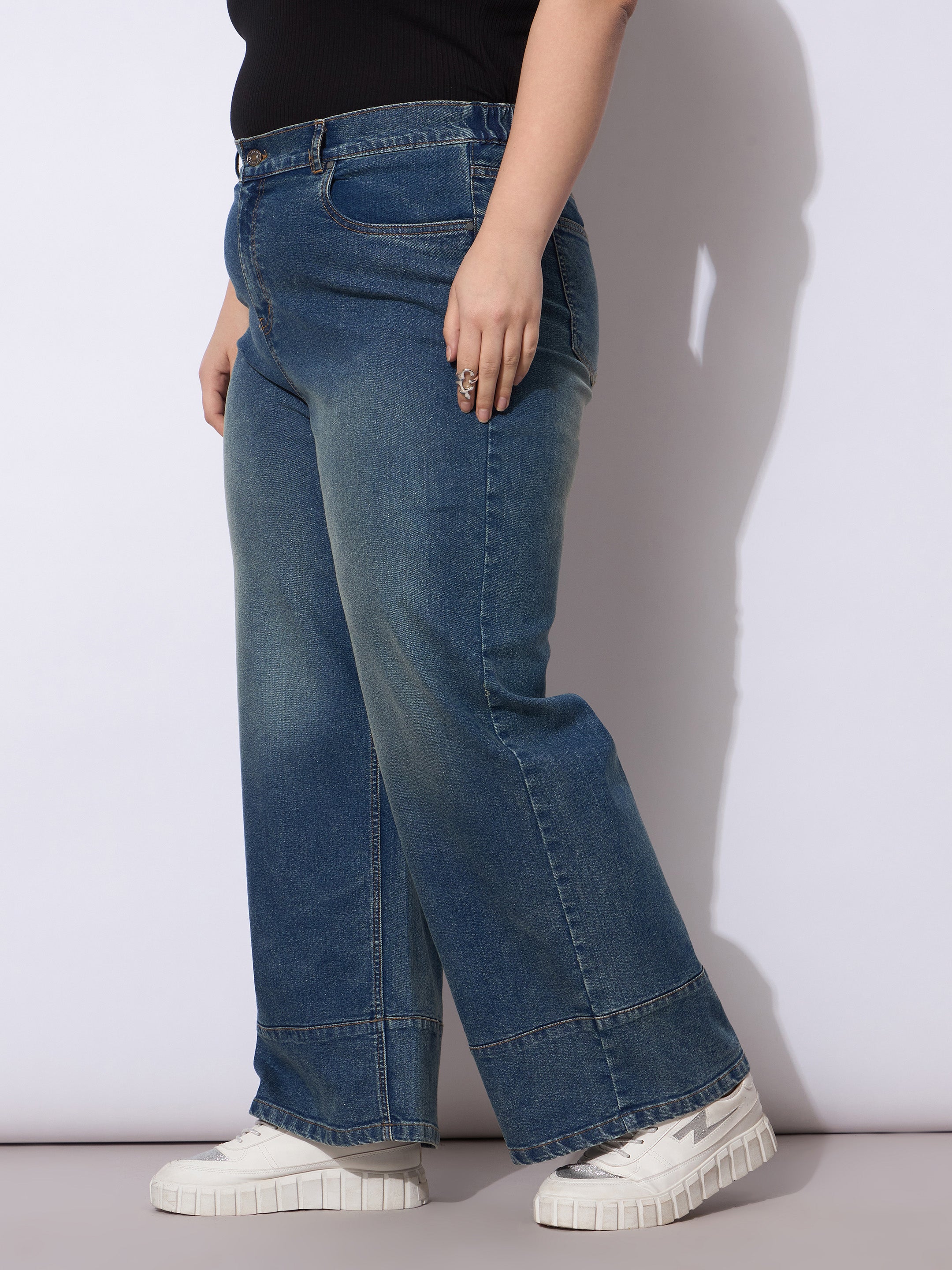 Women Navy Wash Hem Seam Straight Fit Jeans-SFJEAN0790