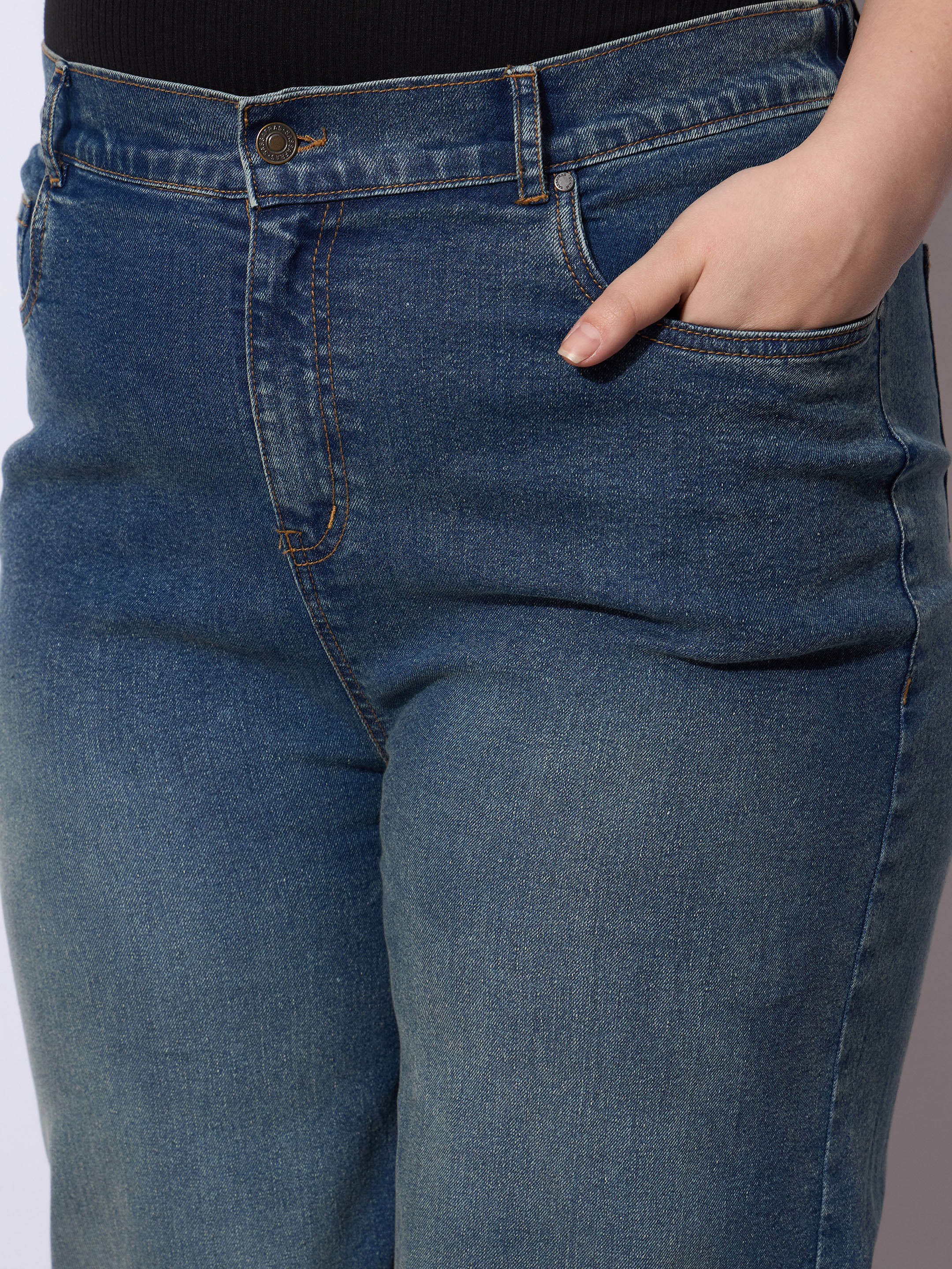 Women Navy Wash Hem Seam Straight Fit Jeans-SFJEAN0790