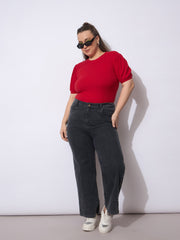 Women Black Wash Hem Seam Straight Fit Jeans-SFJEAN0791
