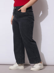 Women Black Wash Hem Seam Straight Fit Jeans-SFJEAN0791