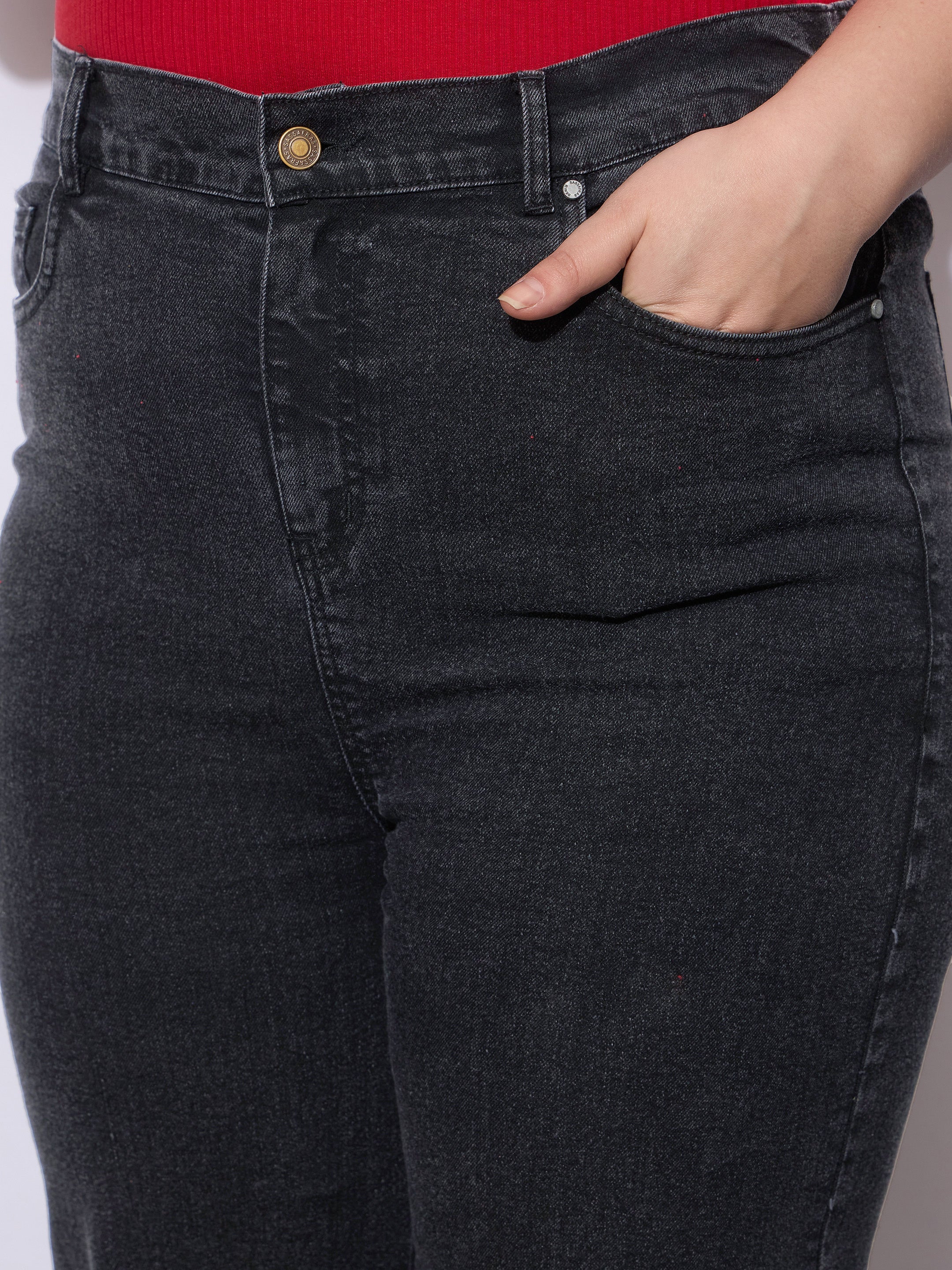 Women Black Wash Hem Seam Straight Fit Jeans-SFJEAN0791
