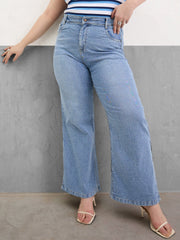 Women Ice Blue Hem Slit Straight Jeans-SFJEAN0794