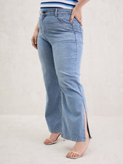 Women Ice Blue Hem Slit Straight Jeans-SFJEAN0794