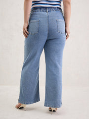 Women Ice Blue Hem Slit Straight Jeans-SFJEAN0794