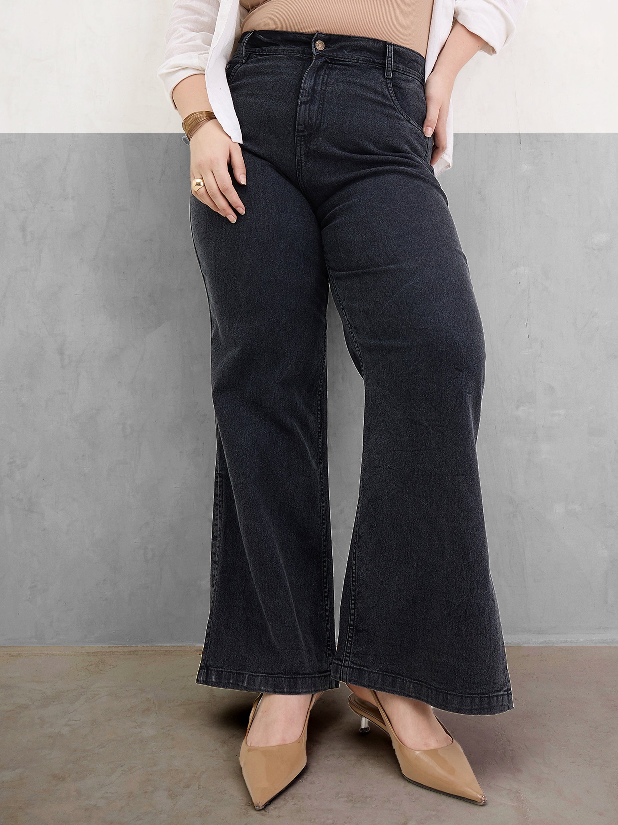 Women Black Blast Hem Slit Straight Jeans-SFJEAN0795