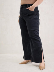 Women Black Blast Hem Slit Straight Jeans-SFJEAN0795