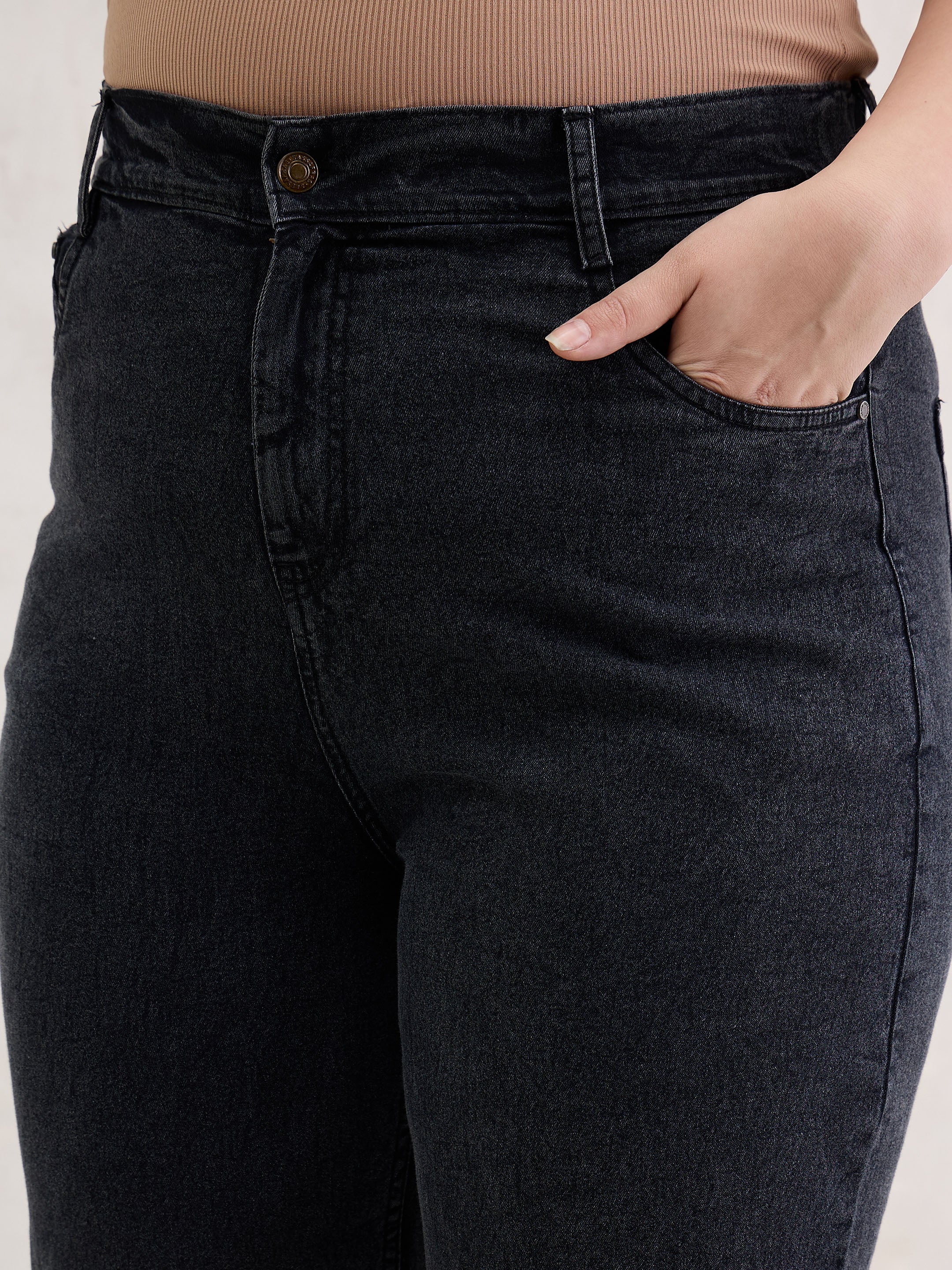 Women Black Blast Hem Slit Straight Jeans-SFJEAN0795