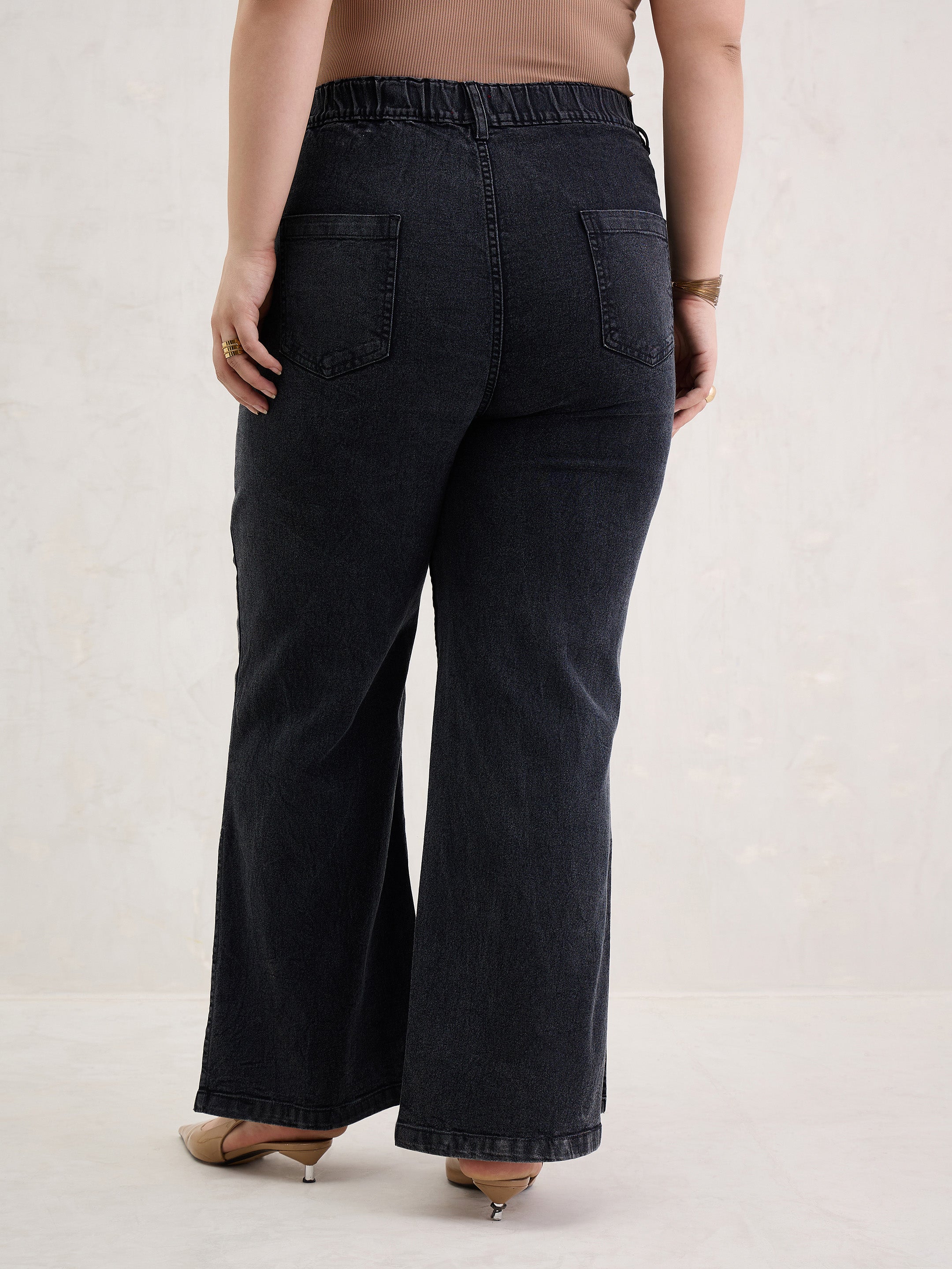 Women Black Blast Hem Slit Straight Jeans-SFJEAN0795