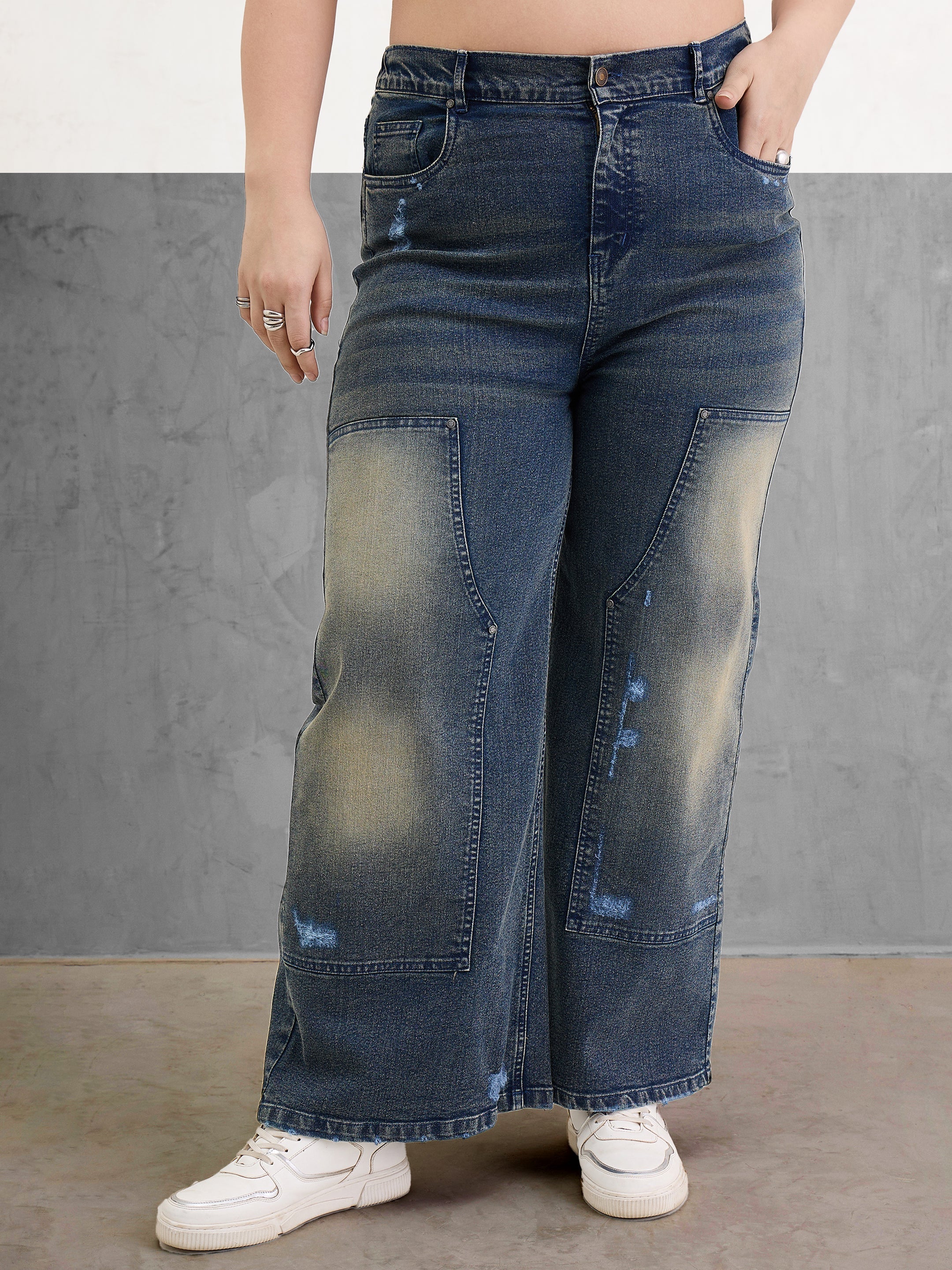 Women Blue Acid Wash Patched Straight Jeans-SFJEAN0800