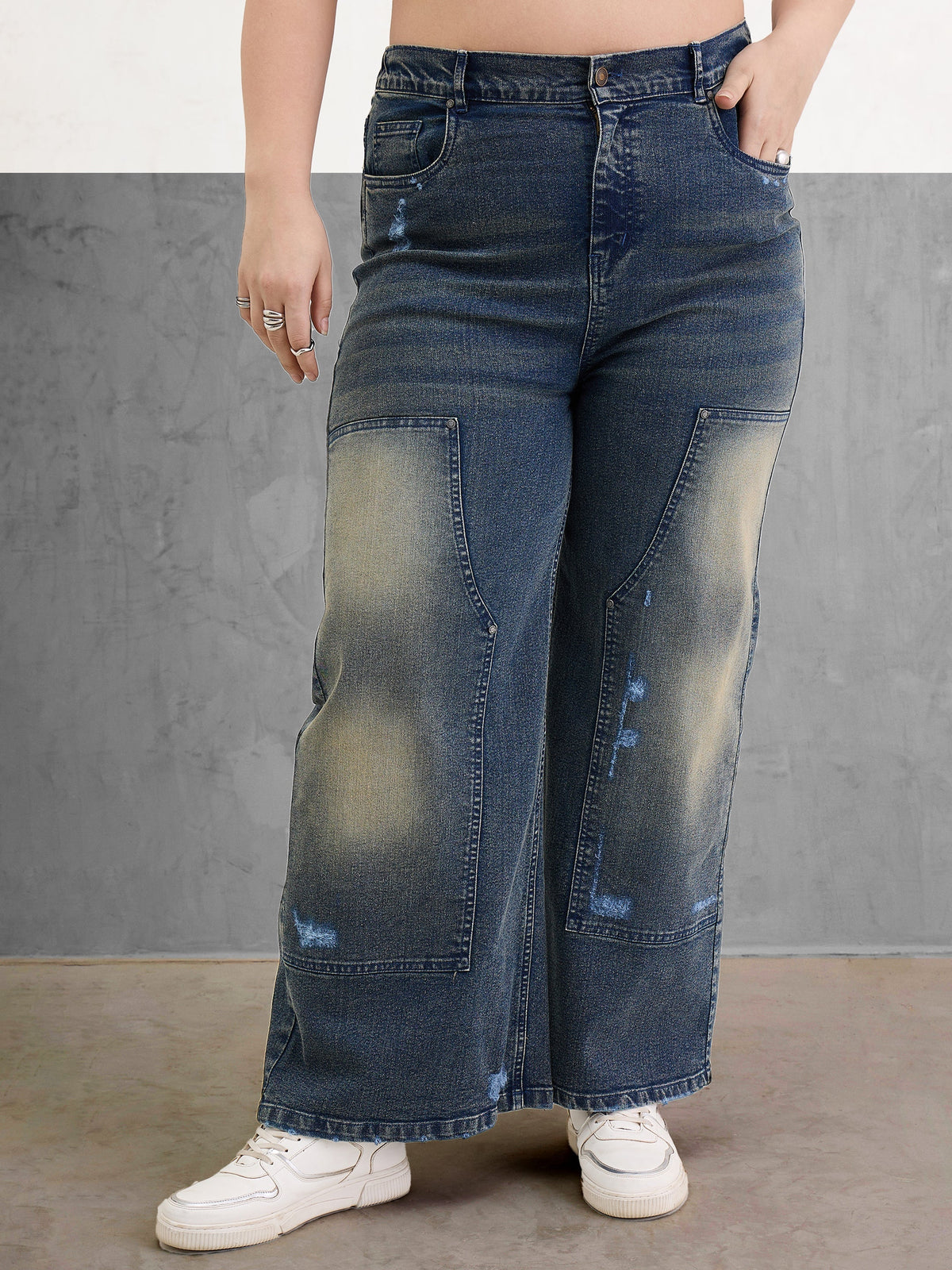 Women Blue Acid Wash Patched Straight Jeans-SFJEAN0800