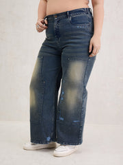 Women Blue Acid Wash Patched Straight Jeans-SFJEAN0800