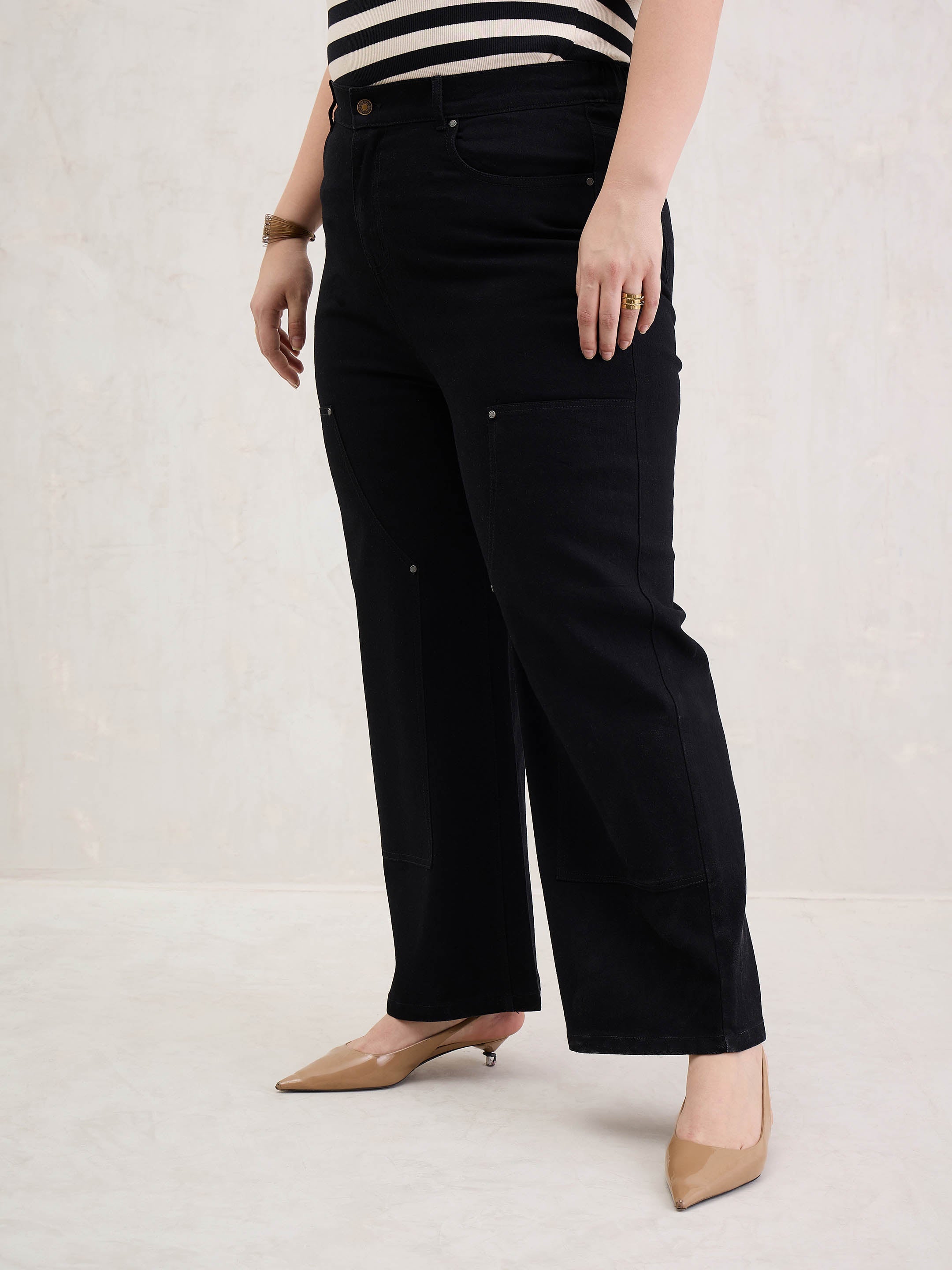 Women Black Patched Straight Jeans-SFJEAN0801